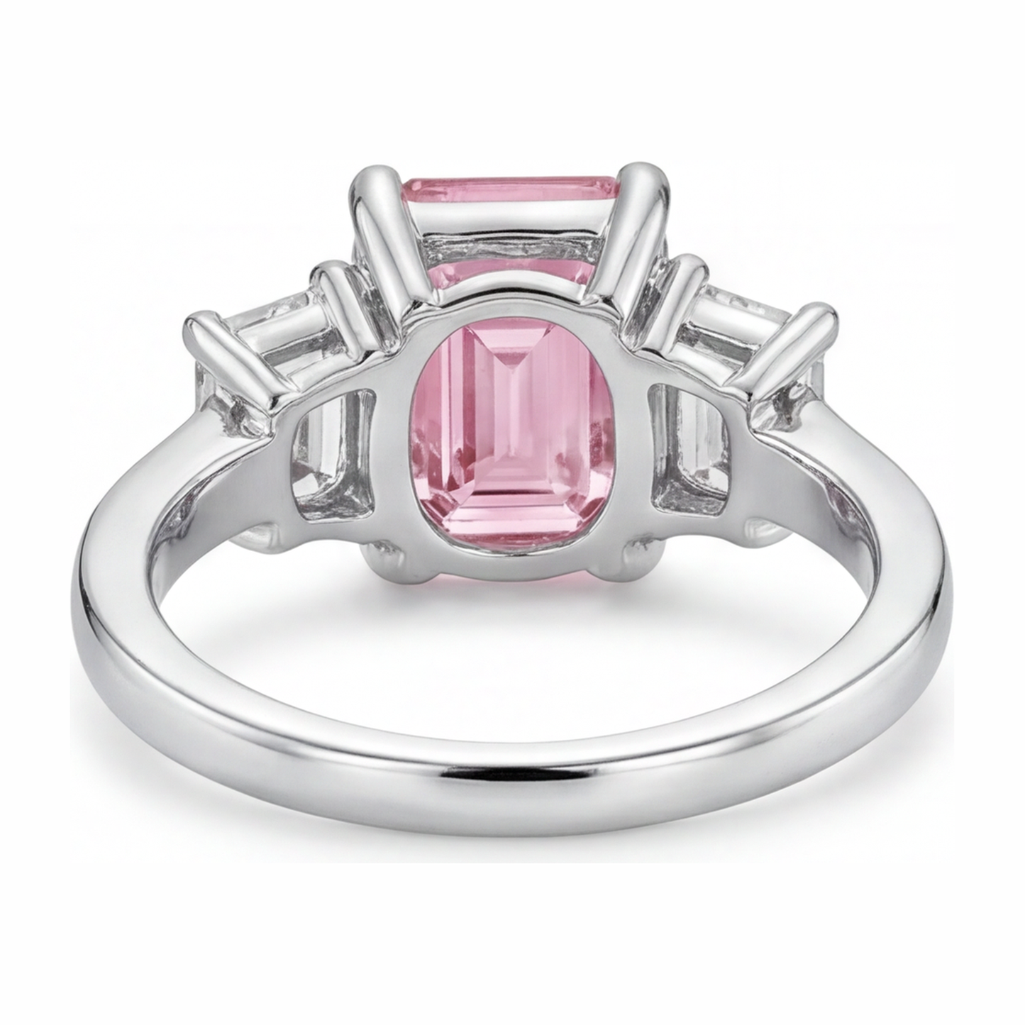 Verlobungsring mit rosa Diamant, 2,5 Karat, im Labor gezüchtet, Smaragdschliff, Drei Steine, Kathedral-Fassung, 14 Karat Weißgold