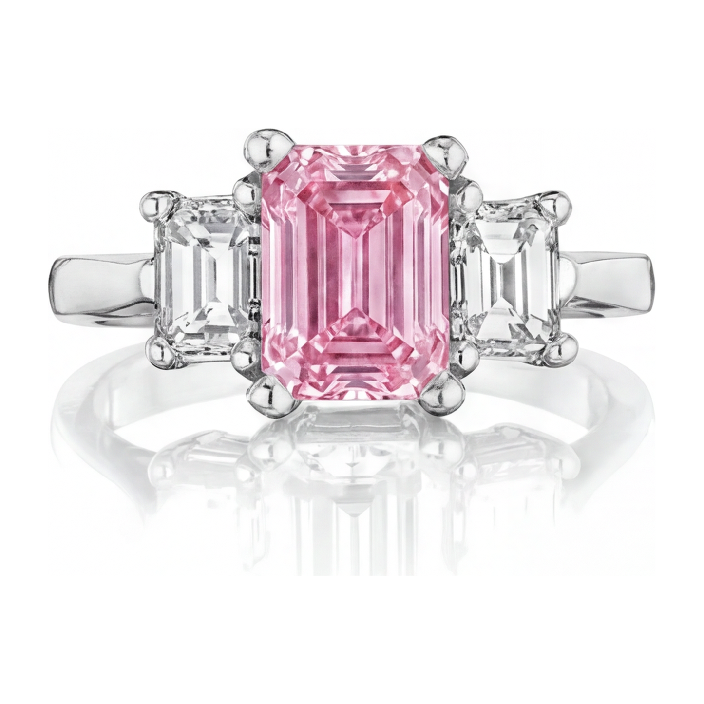 Verlobungsring mit rosa Diamant, 2,5 Karat, im Labor gezüchtet, Smaragdschliff, Drei Steine, Kathedral-Fassung, 14 Karat Weißgold