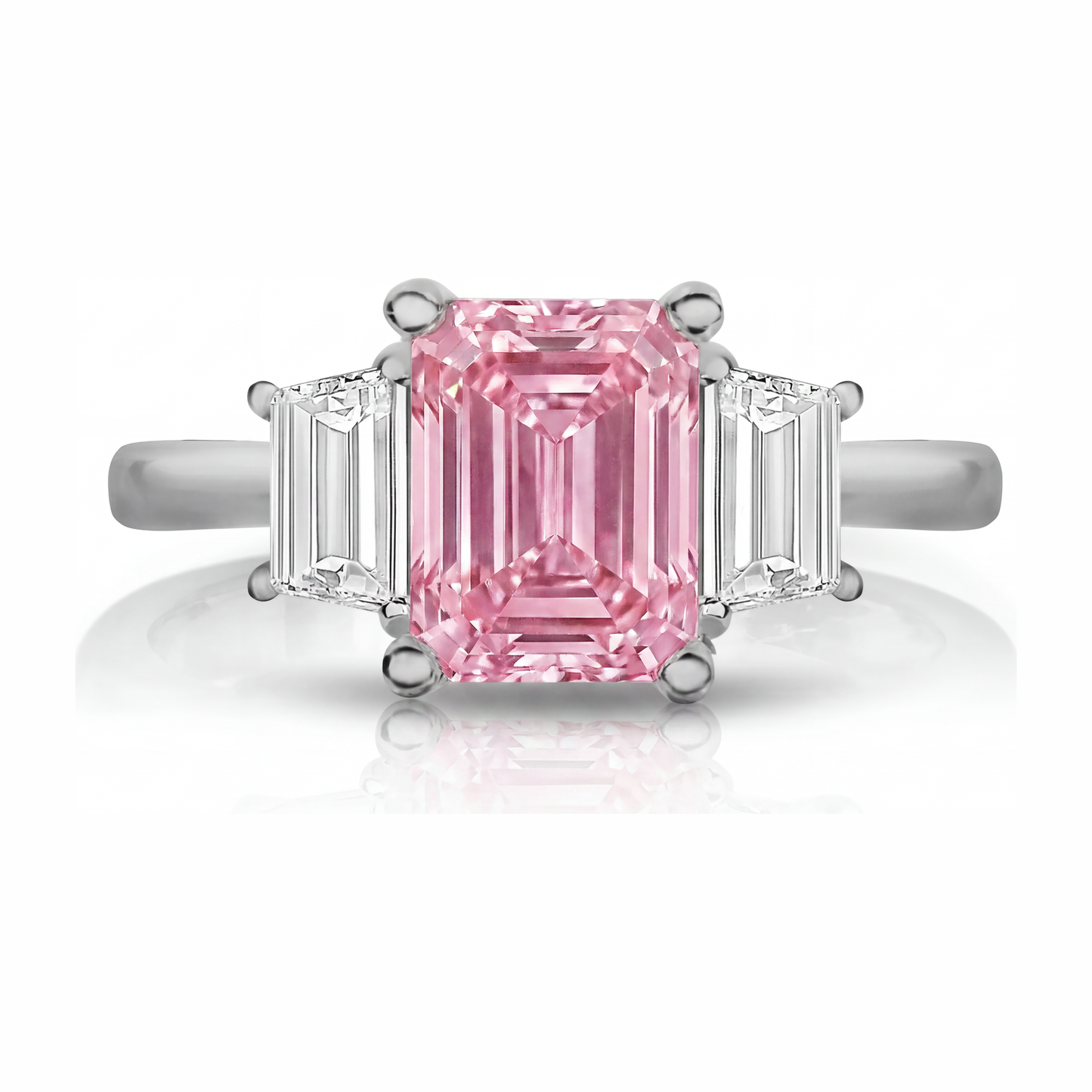 Schlichter Dreistein-Ring aus 14 Karat Weißgold mit im Labor gezüchtetem rosa Diamanten im Smaragdschliff, 2,5 Karat