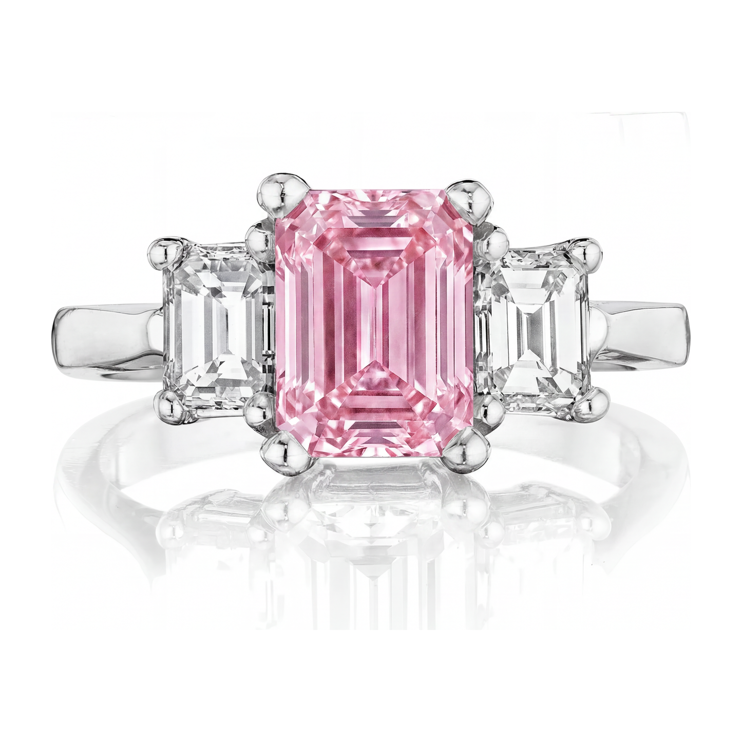 Verlobungsring mit rosa Diamant, 2,5 Karat, im Labor gezüchtet, Smaragdschliff, Drei Steine, Kathedral-Fassung, 14 Karat Weißgold