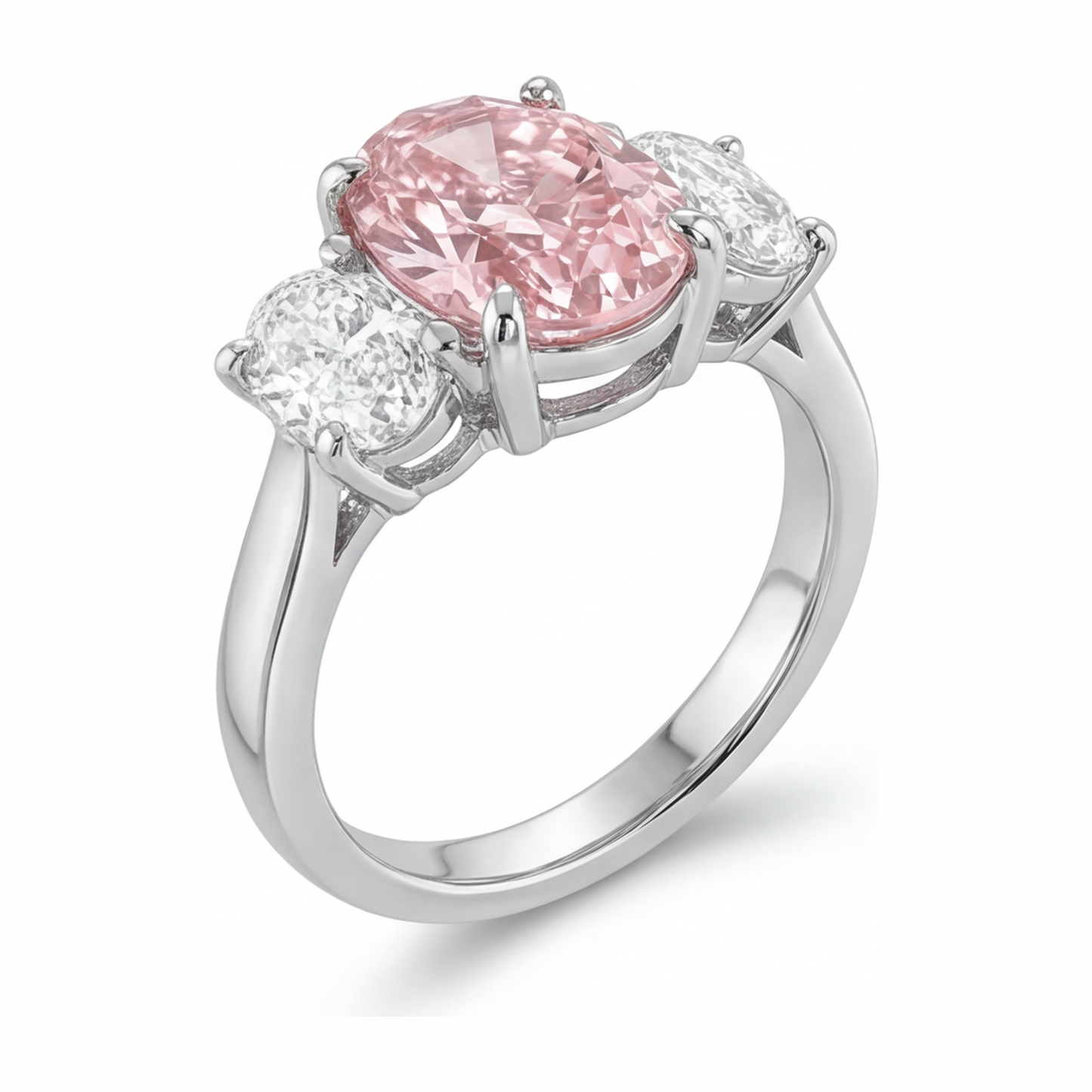 Rosa Verlobungsring 2,5 Karat im Labor gezüchteter ovaler Diamant Dreistein 14 Karat Weißgold