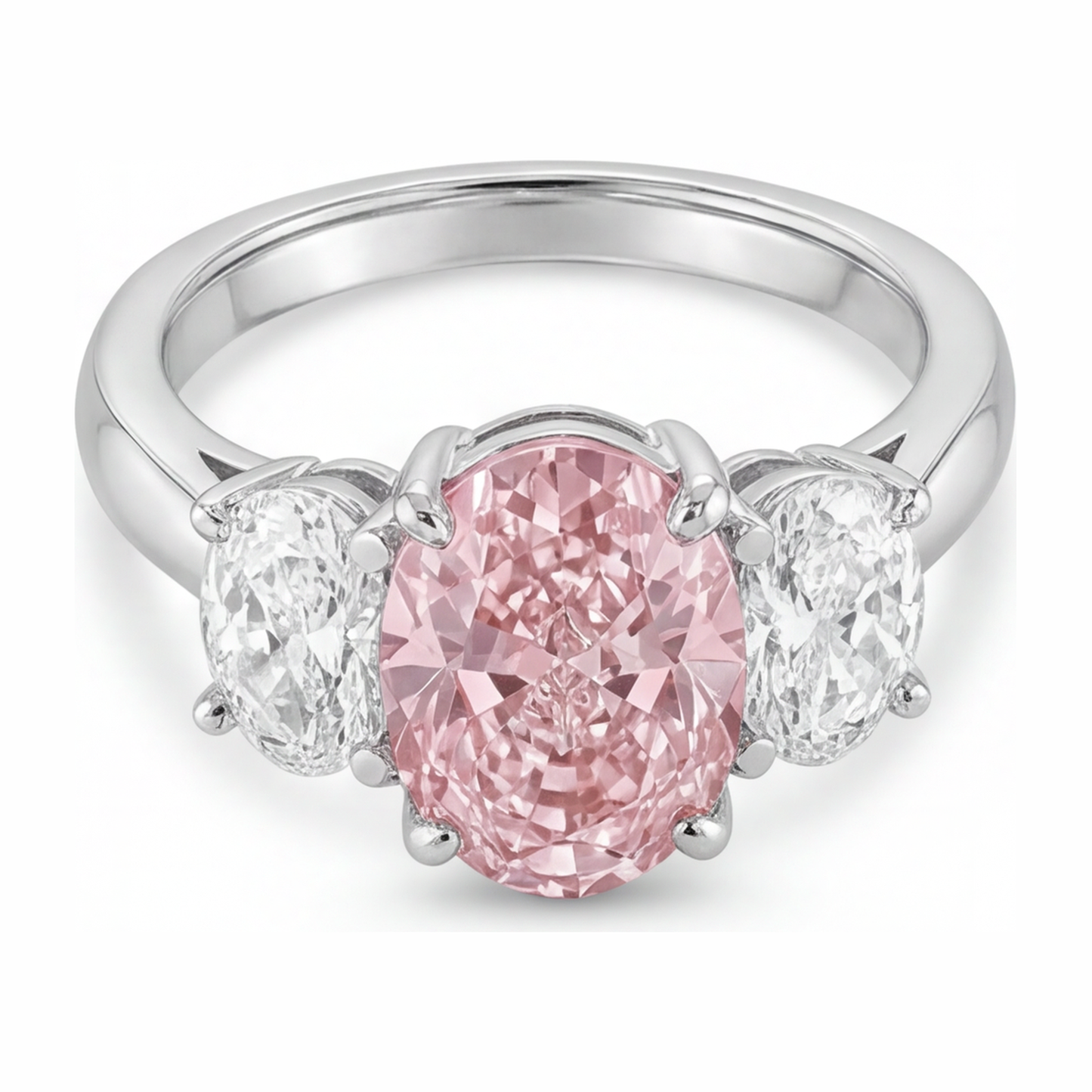 Rosa Verlobungsring 2,5 Karat im Labor gezüchteter ovaler Diamant Dreistein 14 Karat Weißgold
