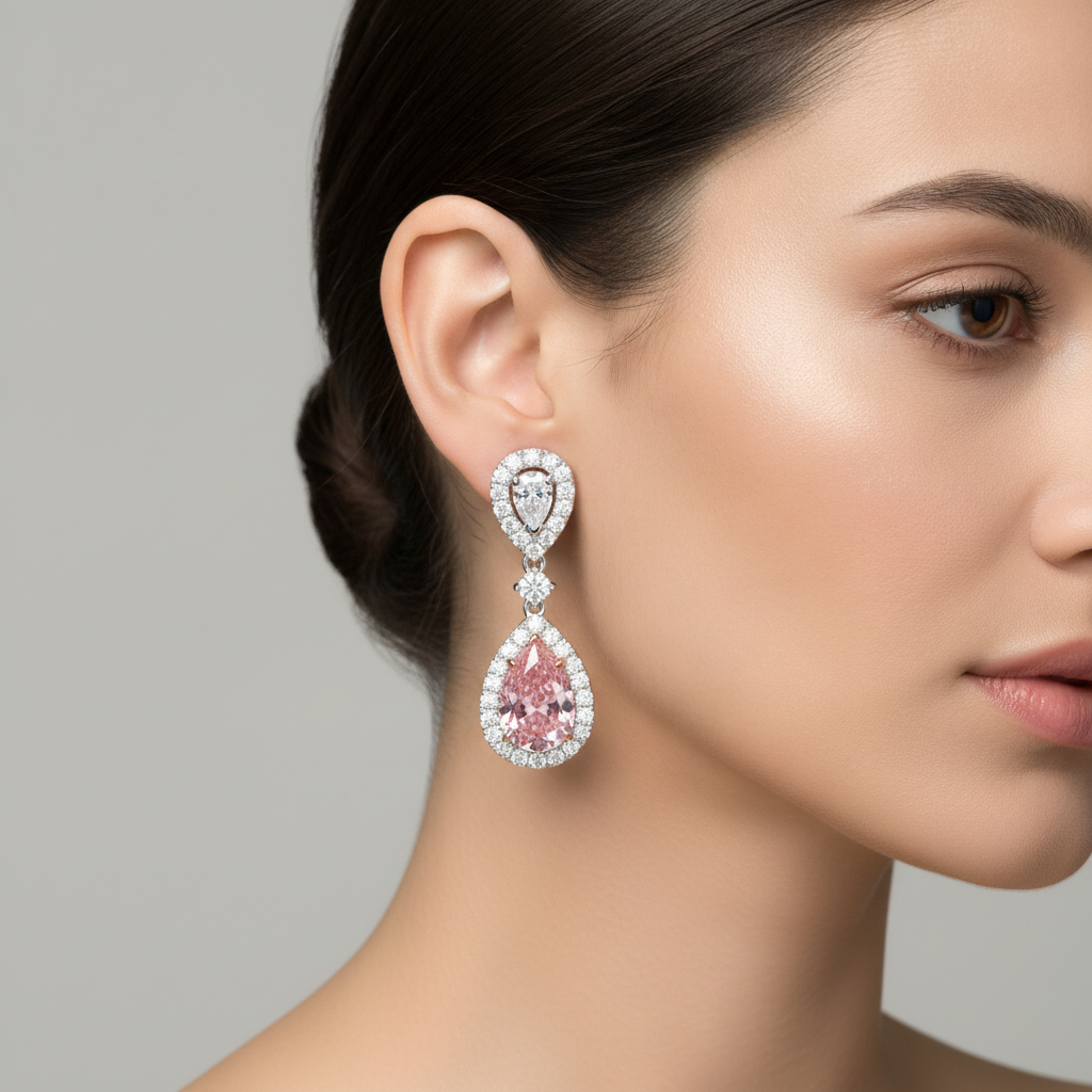 Rosa Diamant-Ohrringe 2,5 Karat im Labor gezüchtet Tropfenschliff Halo 14 Karat Weißgold