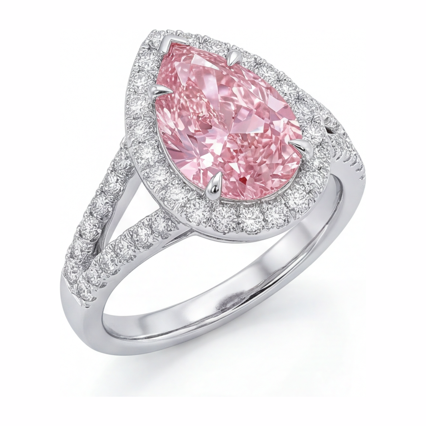 Verlobungsring mit rosa Diamant, 2,5 Karat, im Labor gezüchtet, Tropfenschliff, Halo, 14 Karat Weißgold