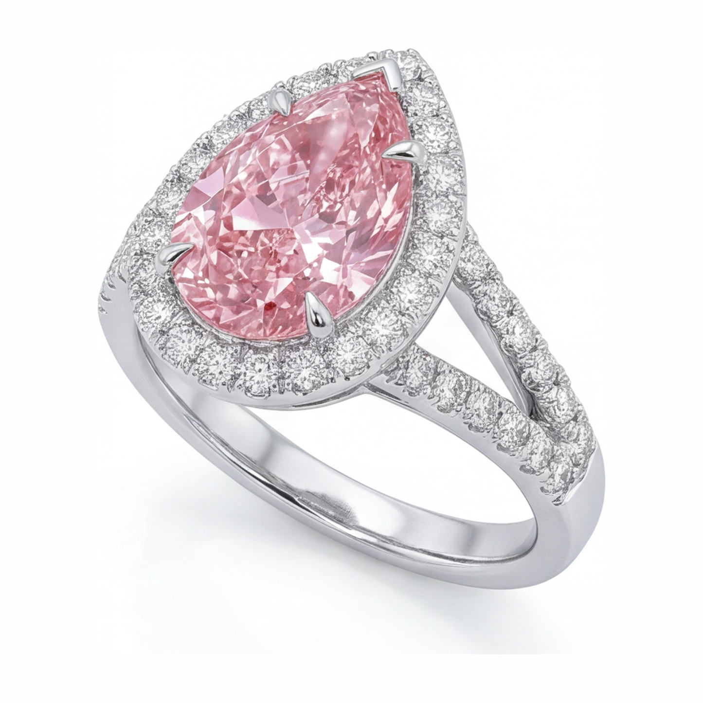Verlobungsring mit rosa Diamant, 2,5 Karat, im Labor gezüchtet, Tropfenschliff, Halo, 14 Karat Weißgold