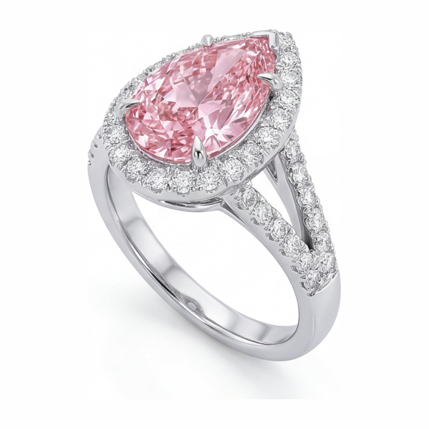 Verlobungsring mit rosa Diamant, 2,5 Karat, im Labor gezüchtet, Tropfenschliff, Halo, 14 Karat Weißgold
