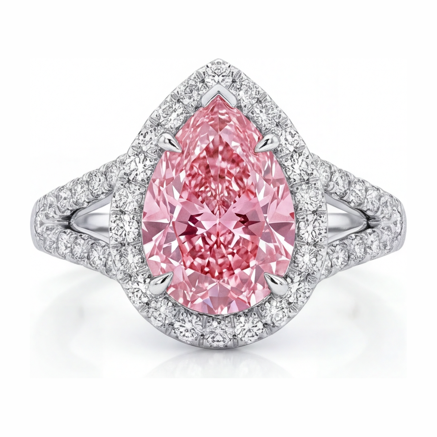 Verlobungsring mit rosa Diamant, 2,5 Karat, im Labor gezüchtet, Tropfenschliff, Halo, 14 Karat Weißgold