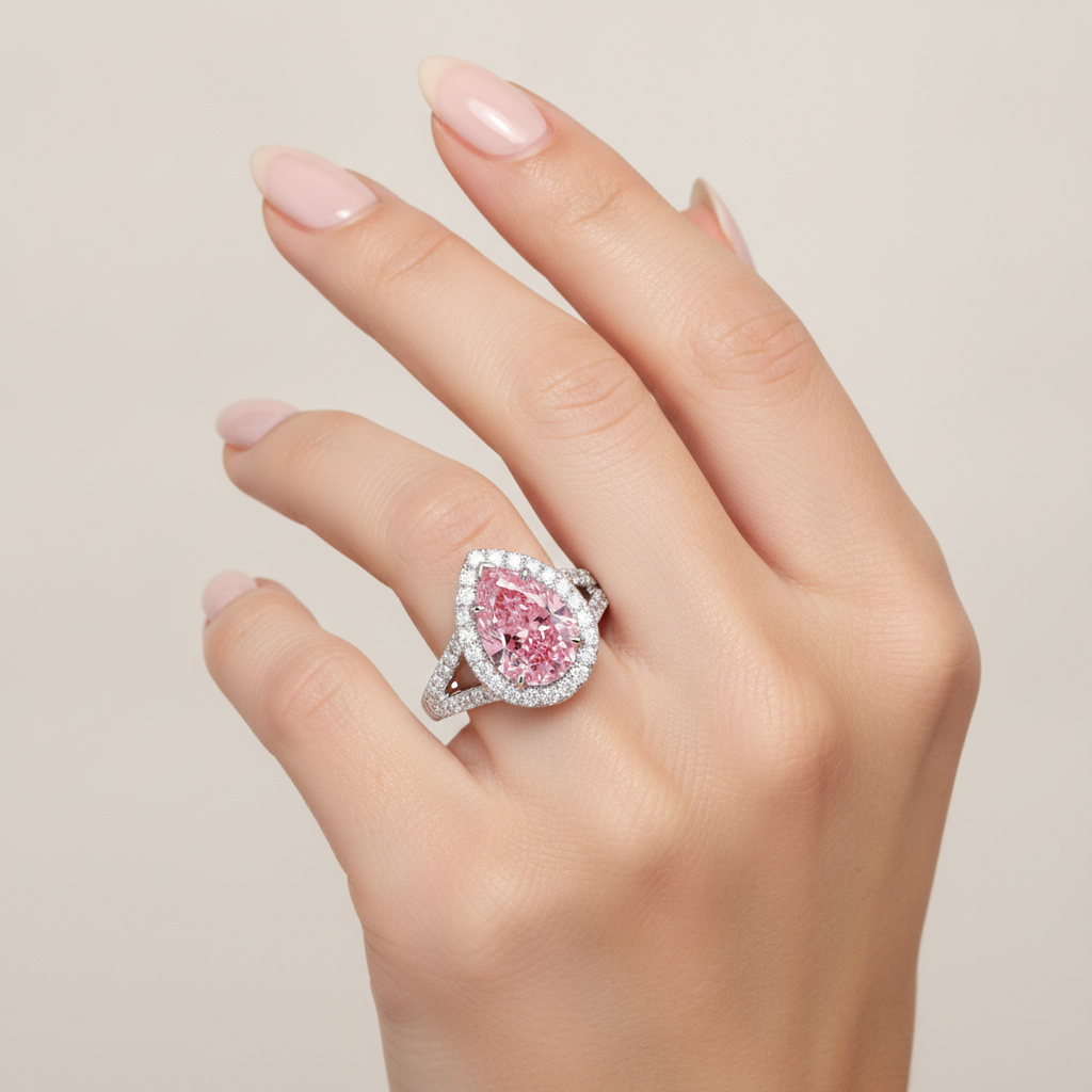 Verlobungsring mit rosa Diamant, 2,5 Karat, im Labor gezüchtet, Tropfenschliff, Halo, 14 Karat Weißgold