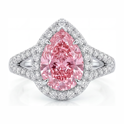 Verlobungsring mit rosa Diamant, 2,5 Karat, im Labor gezüchtet, Tropfenschliff, Halo, 14 Karat Weißgold