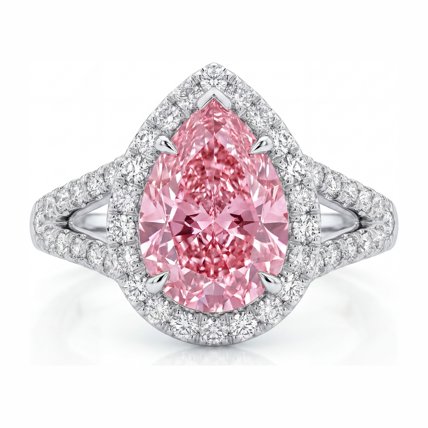 Verlobungsring mit rosa Diamant, 2,5 Karat, im Labor gezüchtet, Tropfenschliff, Halo, 14 Karat Weißgold