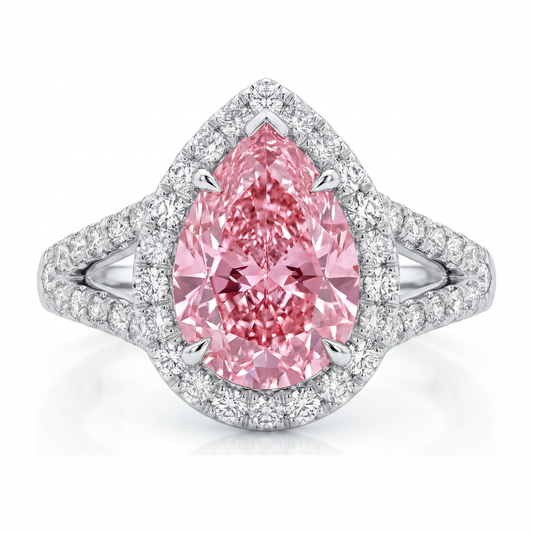 Verlobungsring mit rosa Diamant, 2,5 Karat, im Labor gezüchtet, Tropfenschliff, Halo, 14 Karat Weißgold