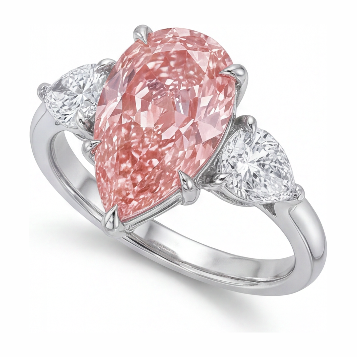 Dreistein-Goldring aus 14 Karat Weißgold mit rosa Diamant, 2,5 Karat, Tropfenschliff, im Labor gezüchtet