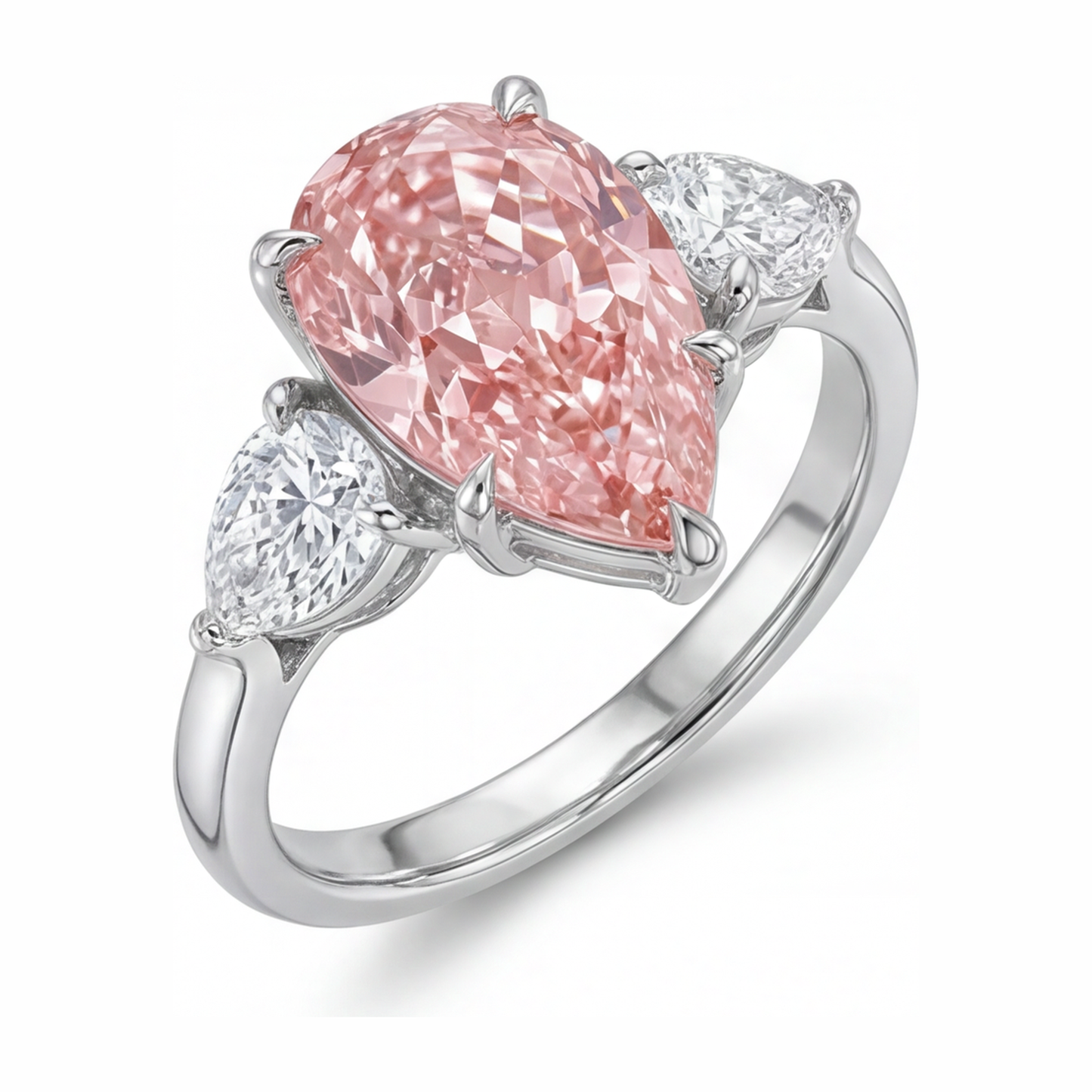 Dreistein-Goldring aus 14 Karat Weißgold mit rosa Diamant, 2,5 Karat, Tropfenschliff, im Labor gezüchtet