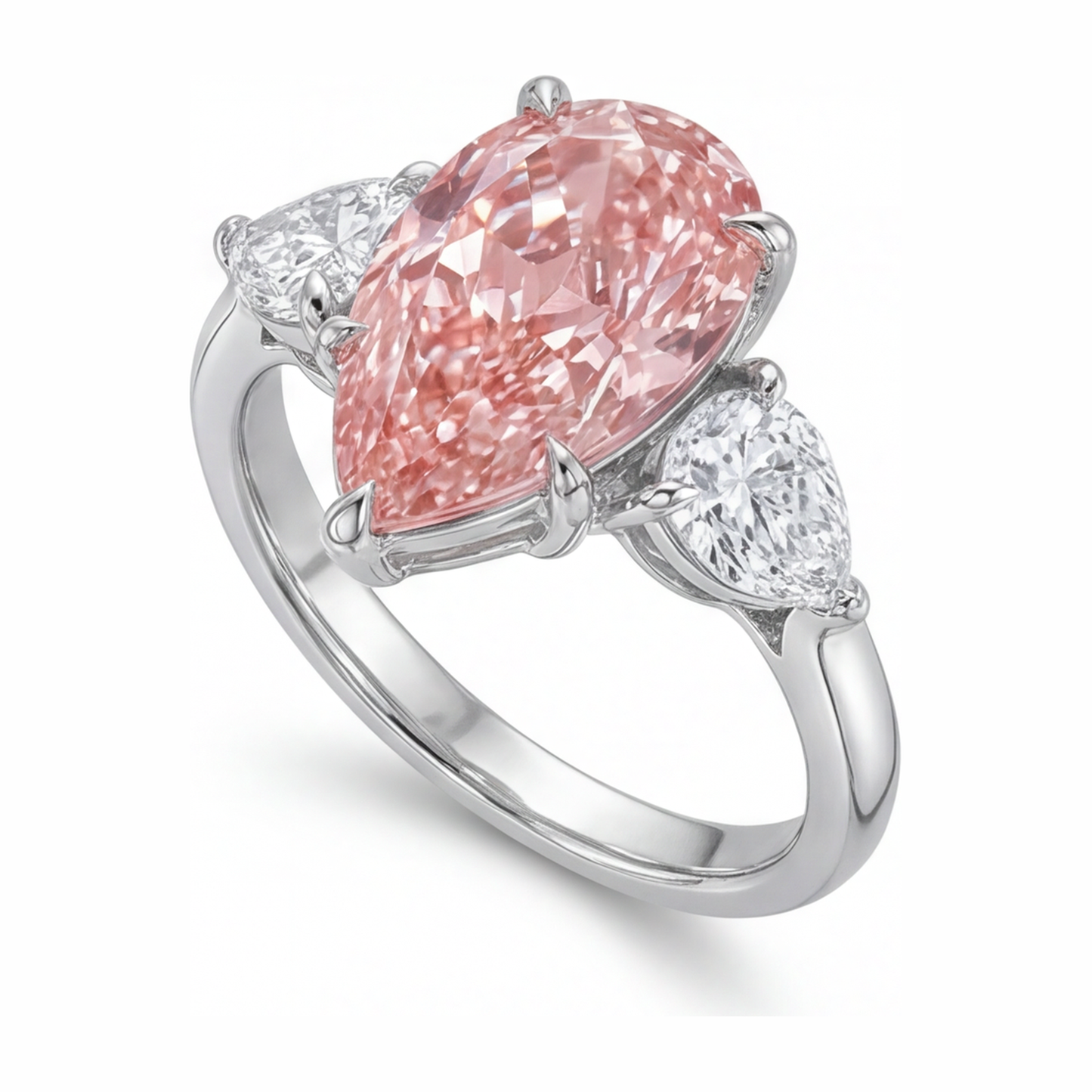 Dreistein-Goldring aus 14 Karat Weißgold mit rosa Diamant, 2,5 Karat, Tropfenschliff, im Labor gezüchtet