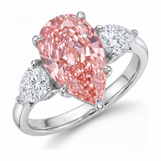 Dreistein-Goldring aus 14 Karat Weißgold mit rosa Diamant, 2,5 Karat, Tropfenschliff, im Labor gezüchtet