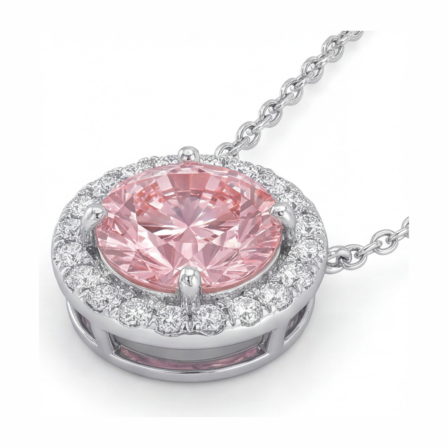 Rosa Diamant Halskette 2,5 Karat im Labor gezüchtet Runder Halo-Anhänger 14 Karat Weißgold