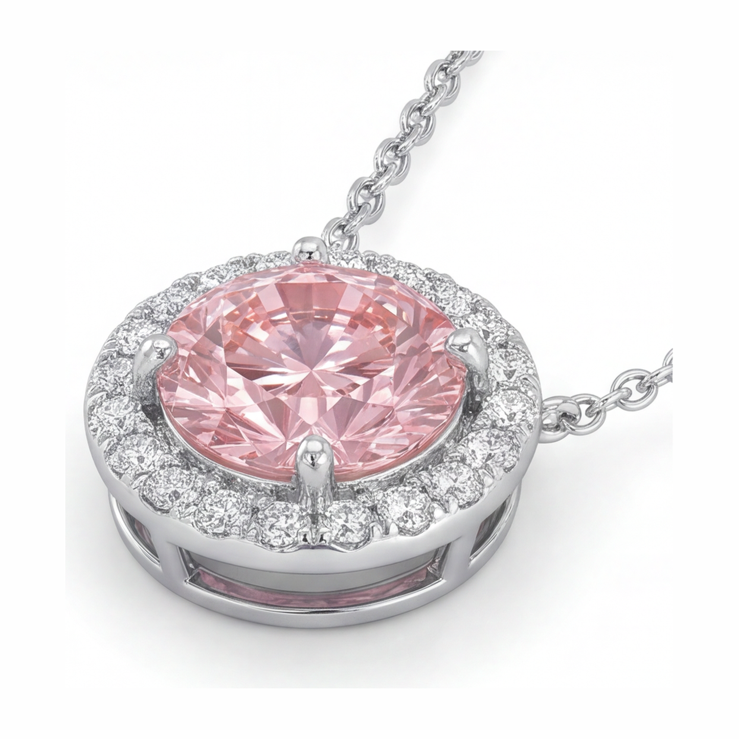 Rosa Diamant Halskette 2,5 Karat im Labor gezüchtet Runder Halo-Anhänger 14 Karat Weißgold