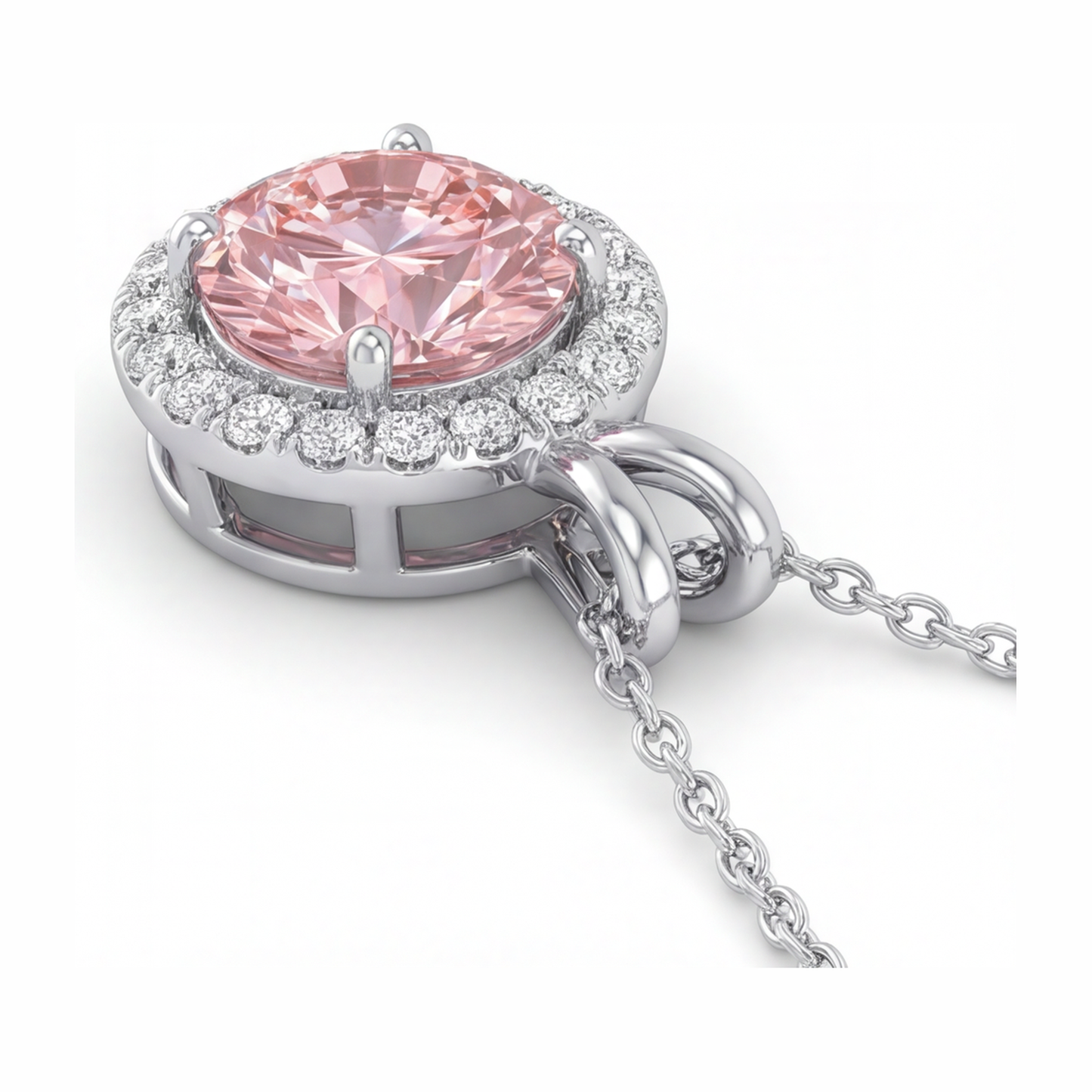 Rosa Diamant Halskette 2,5 Karat im Labor gezüchtet Runder Halo-Anhänger 14 Karat Weißgold
