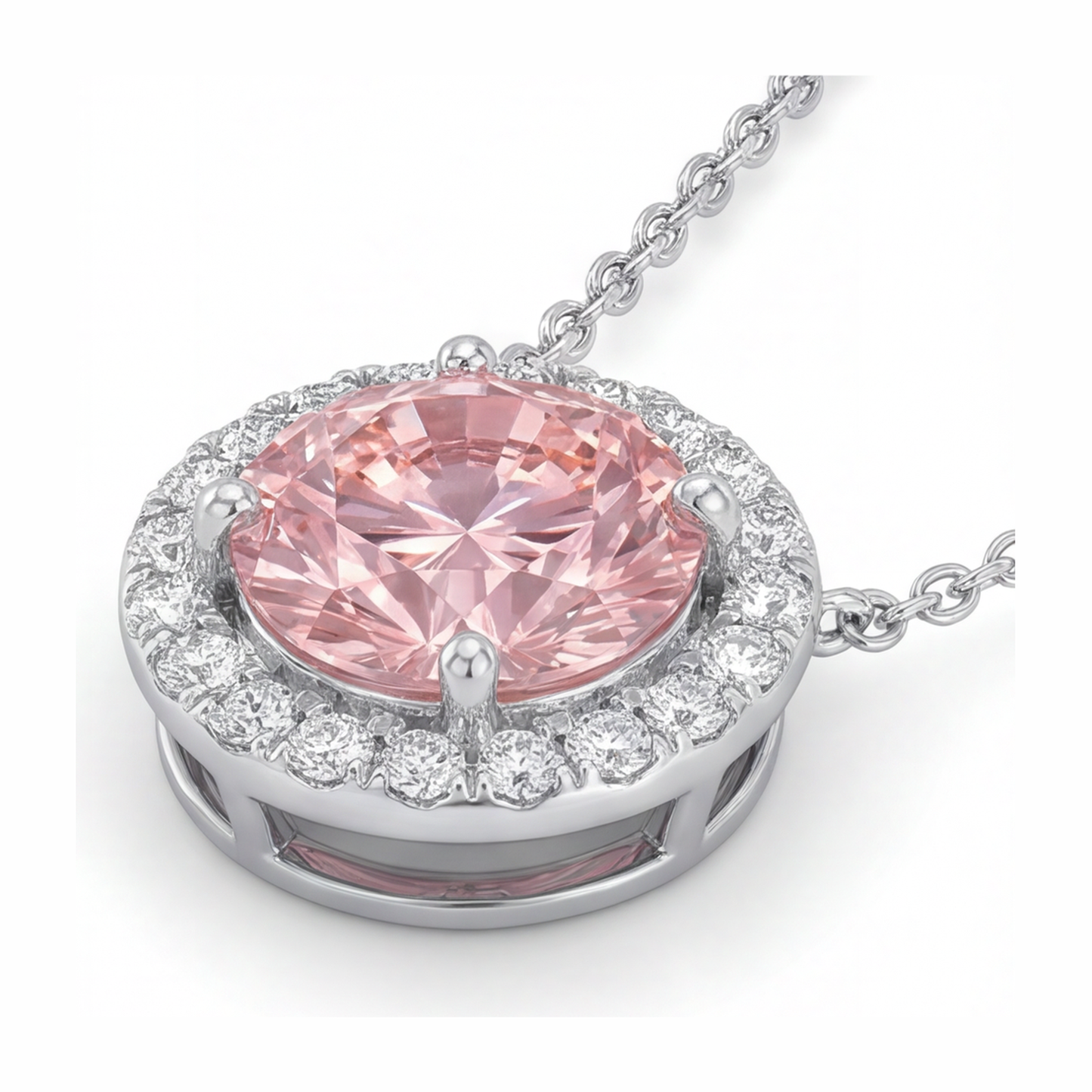 Rosa Diamant Halskette 2,5 Karat im Labor gezüchtet Runder Halo-Anhänger 14 Karat Weißgold