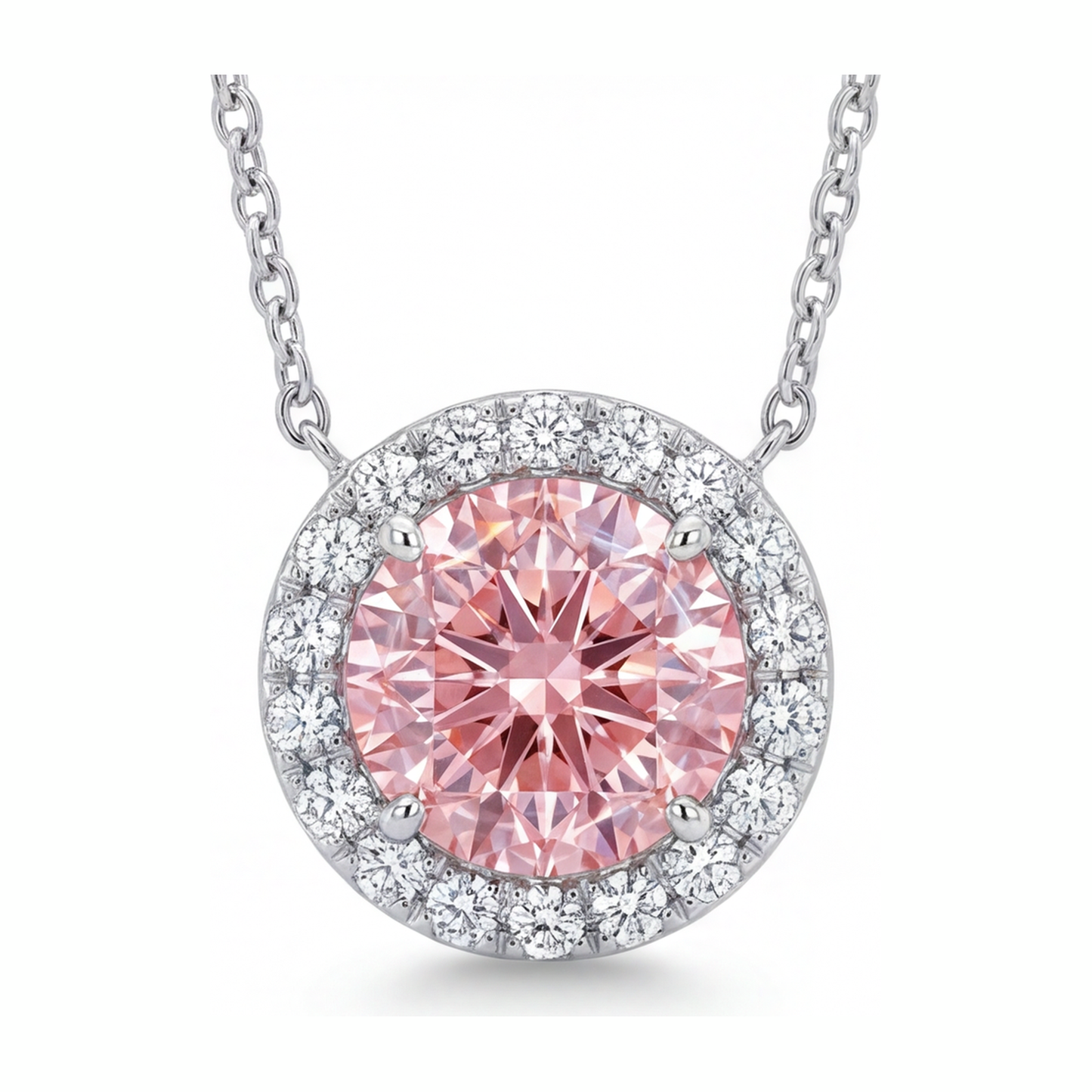 Rosa Diamant Halskette 2,5 Karat im Labor gezüchtet Runder Halo-Anhänger 14 Karat Weißgold