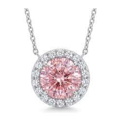 Rosa Diamant Halskette 2,5 Karat im Labor gezüchtet Runder Halo-Anhänger 14 Karat Weißgold