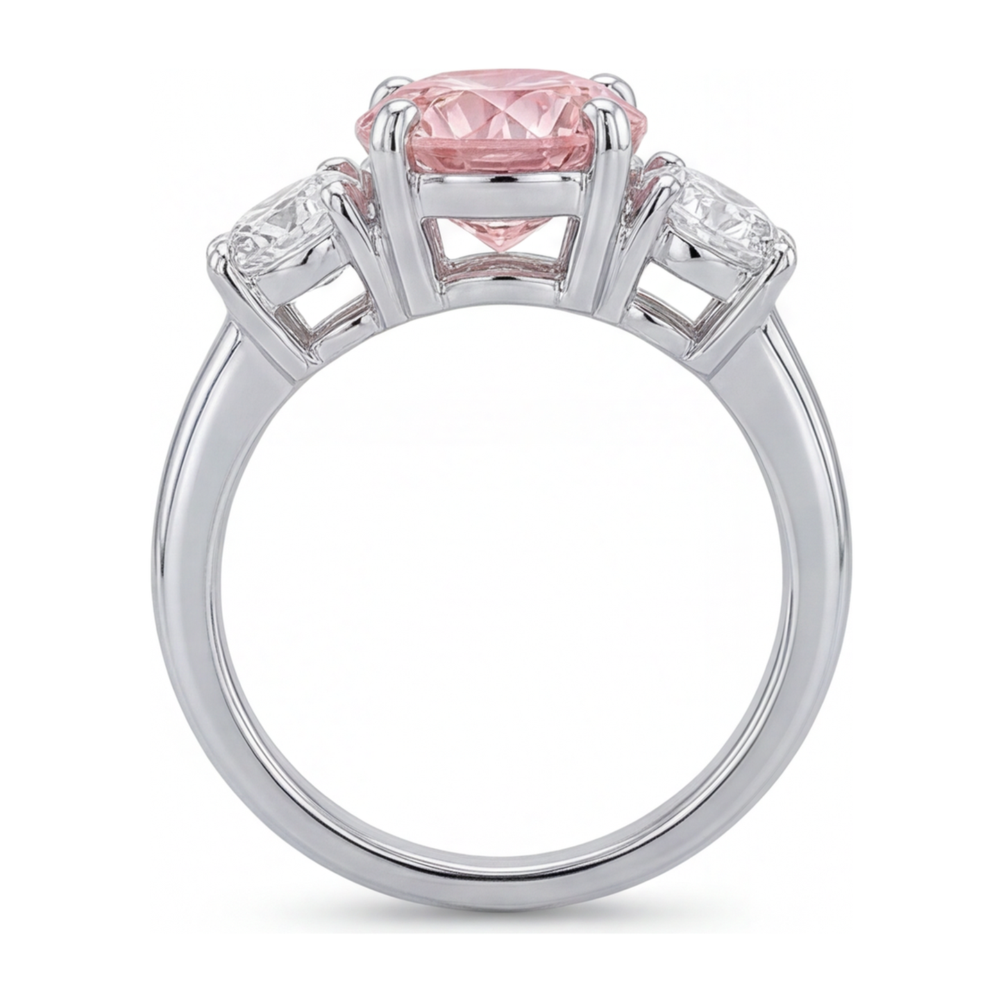 Verlobungsring mit im Labor gezüchtetem pinkfarbenem Diamant, 2,5 Karat, rund, Dreistein, 14 Karat Weißgold