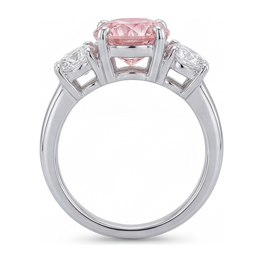 Verlobungsring mit im Labor gezüchtetem pinkfarbenem Diamant, 2,5 Karat, rund, Dreistein, 14 Karat Weißgold