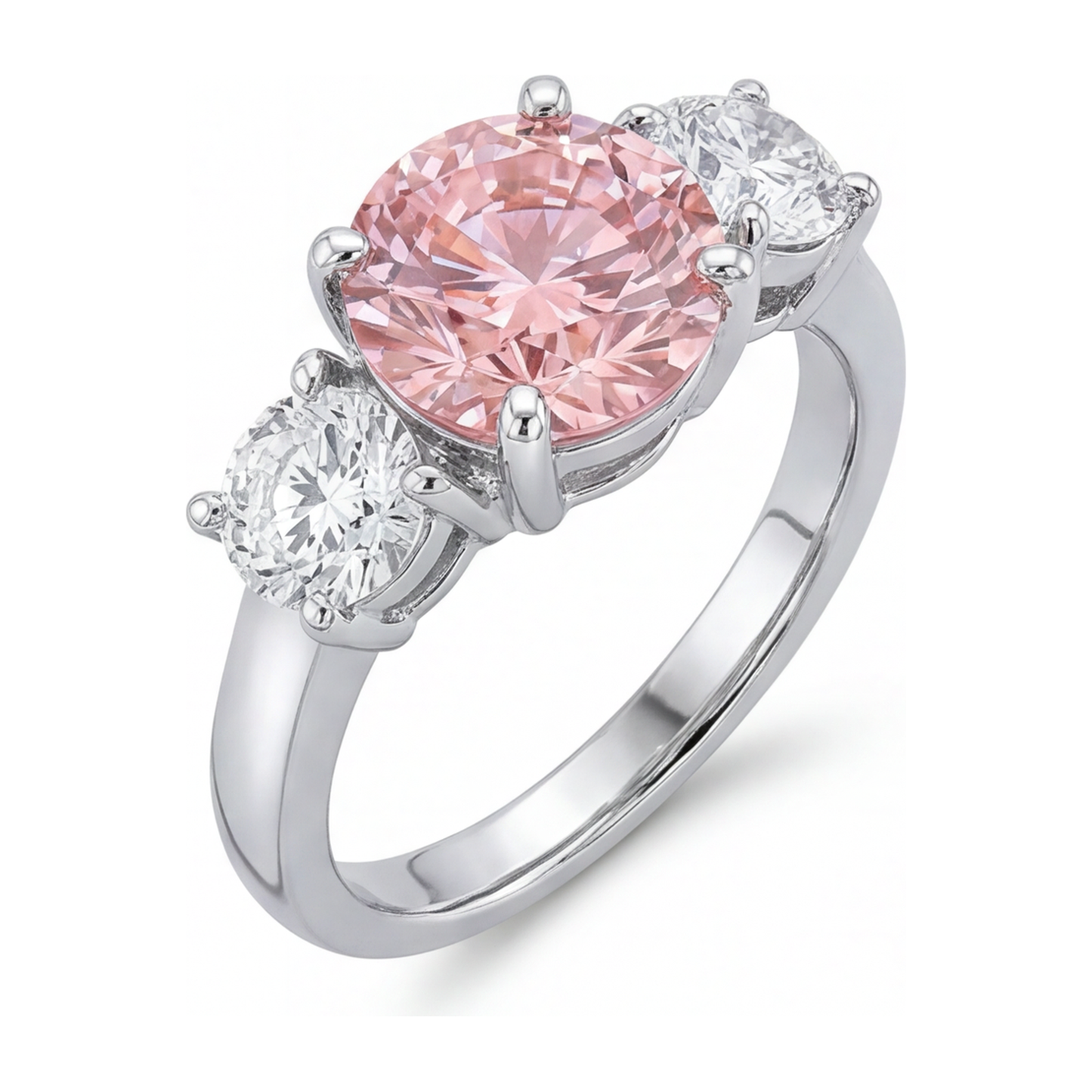 Verlobungsring mit im Labor gezüchtetem pinkfarbenem Diamant, 2,5 Karat, rund, Dreistein, 14 Karat Weißgold