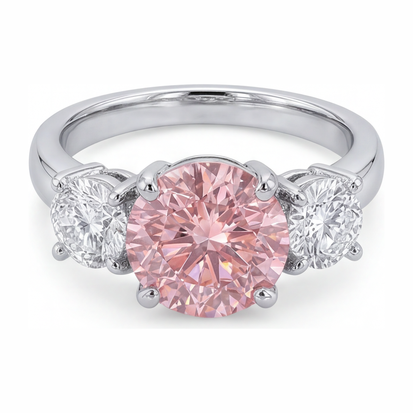 Verlobungsring mit im Labor gezüchtetem pinkfarbenem Diamant, 2,5 Karat, rund, Dreistein, 14 Karat Weißgold