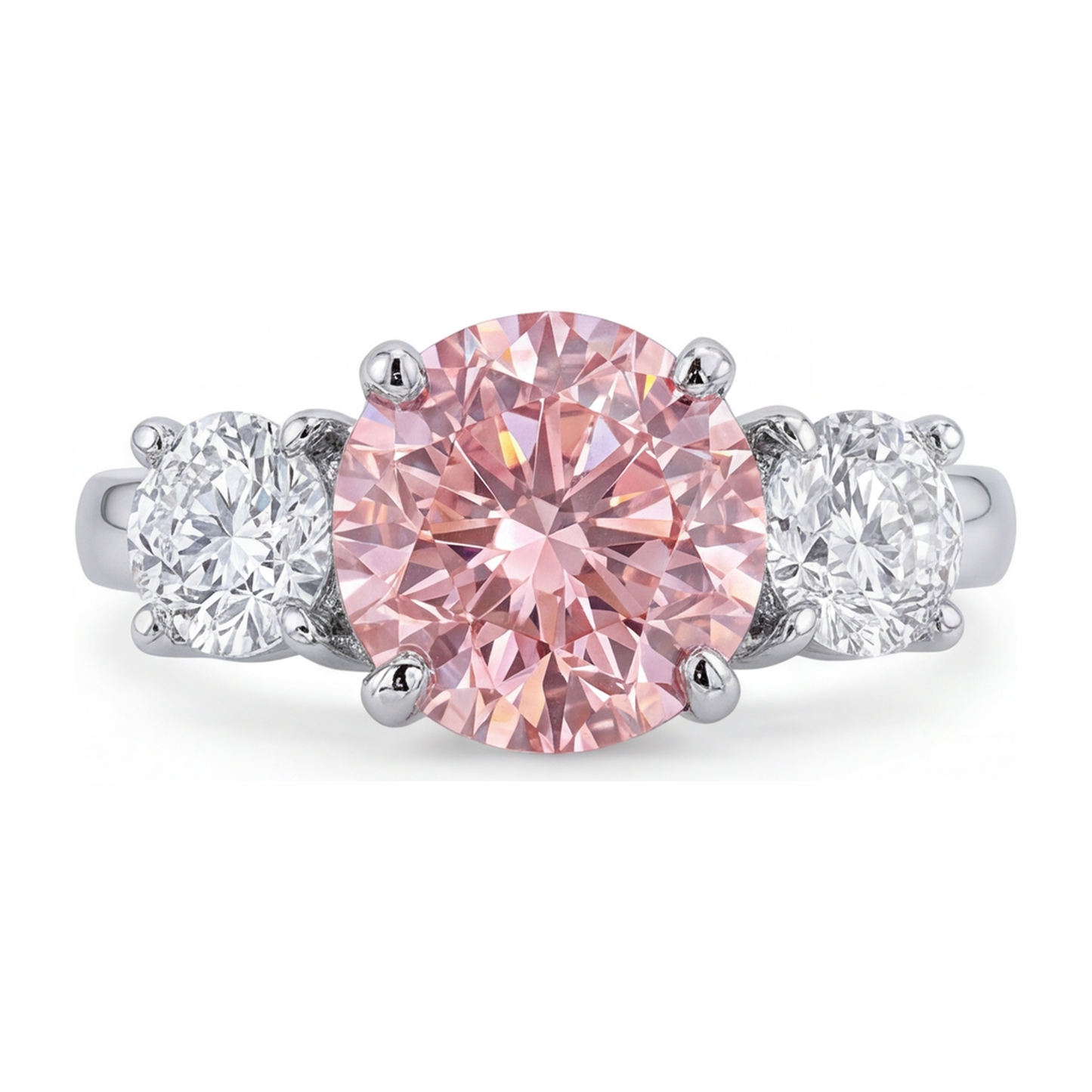 Verlobungsring mit im Labor gezüchtetem pinkfarbenem Diamant, 2,5 Karat, rund, Dreistein, 14 Karat Weißgold