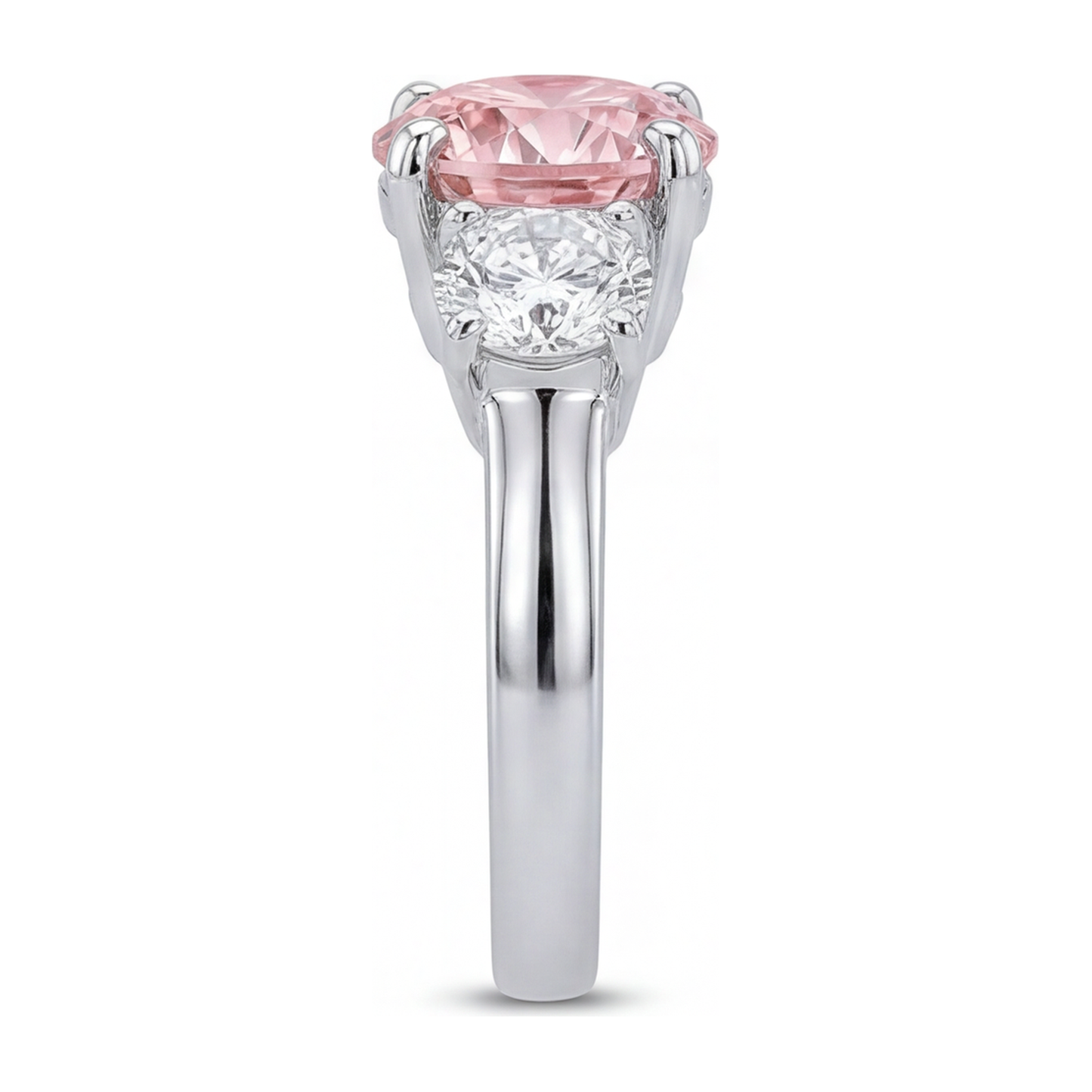 Verlobungsring mit im Labor gezüchtetem pinkfarbenem Diamant, 2,5 Karat, rund, Dreistein, 14 Karat Weißgold