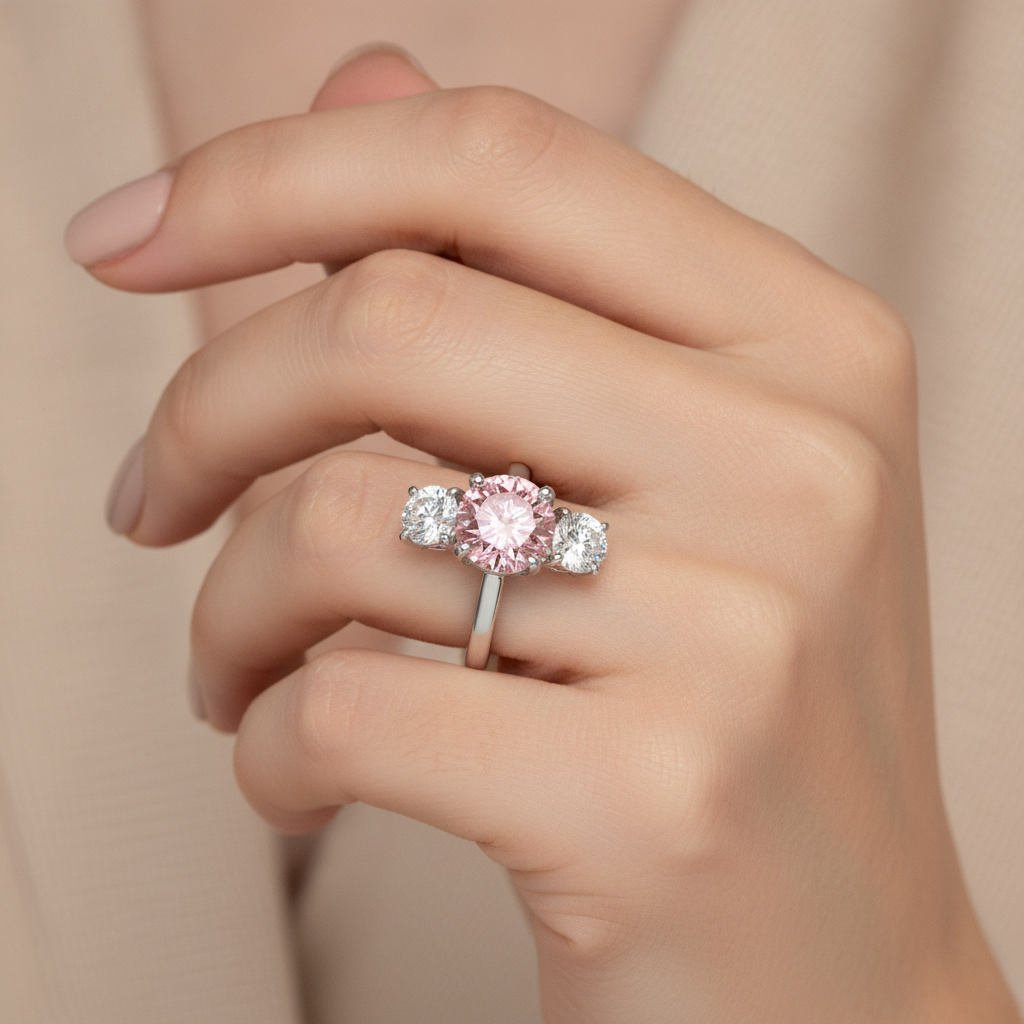 Verlobungsring mit im Labor gezüchtetem pinkfarbenem Diamant, 2,5 Karat, rund, Dreistein, 14 Karat Weißgold