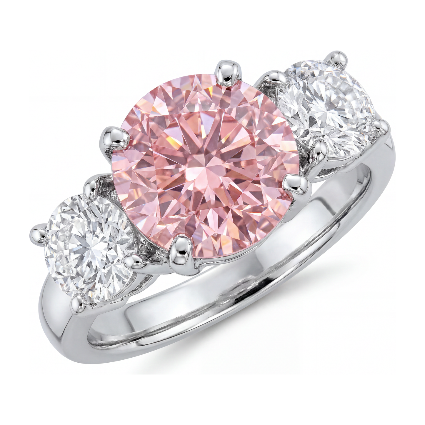 Verlobungsring mit im Labor gezüchtetem pinkfarbenem Diamant, 2,5 Karat, rund, Dreistein, 14 Karat Weißgold