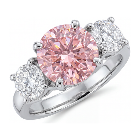 Verlobungsring mit im Labor gezüchtetem pinkfarbenem Diamant, 2,5 Karat, rund, Dreistein, 14 Karat Weißgold