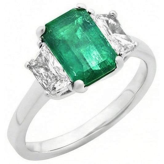 2.50 Karat Grüner Smaragd und Aus der Erde Abgebauter Natürlicher Diamant 3 Steine Ring Weißgold 14K