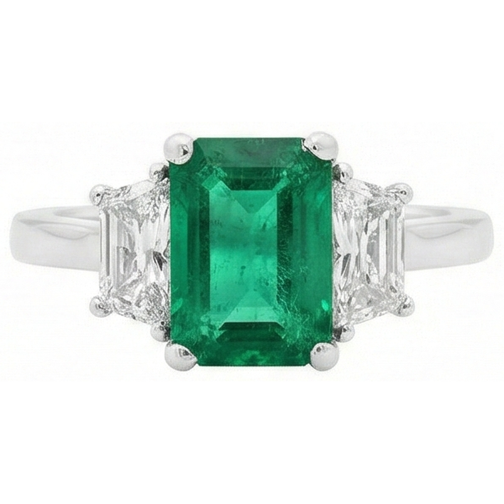 2.50 Karat Grüner Smaragd und Aus der Erde Abgebauter Natürlicher Diamant 3 Steine Ring Weißgold 14K