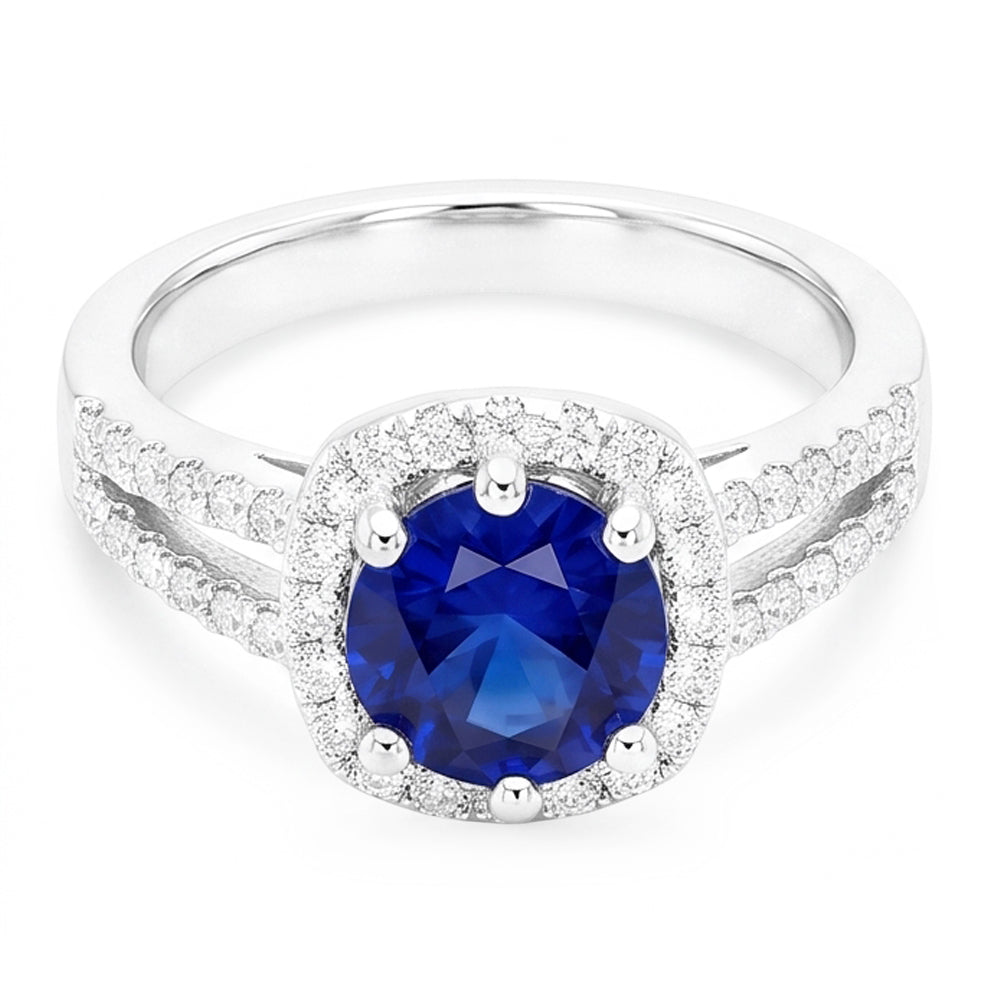 2.50 Karat blauer Saphir und weißer runder Aus der Erde Abgebauter Natürlicher Diamantring Weißgold