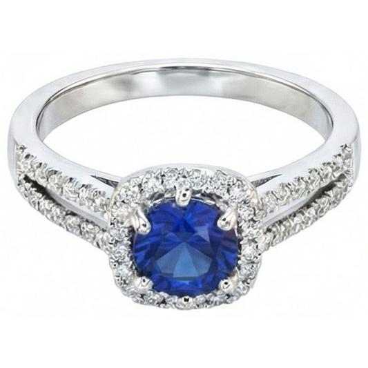 2.50 Karat blauer Saphir und weißer runder Aus der Erde Abgebauter Natürlicher Diamantring Weißgold