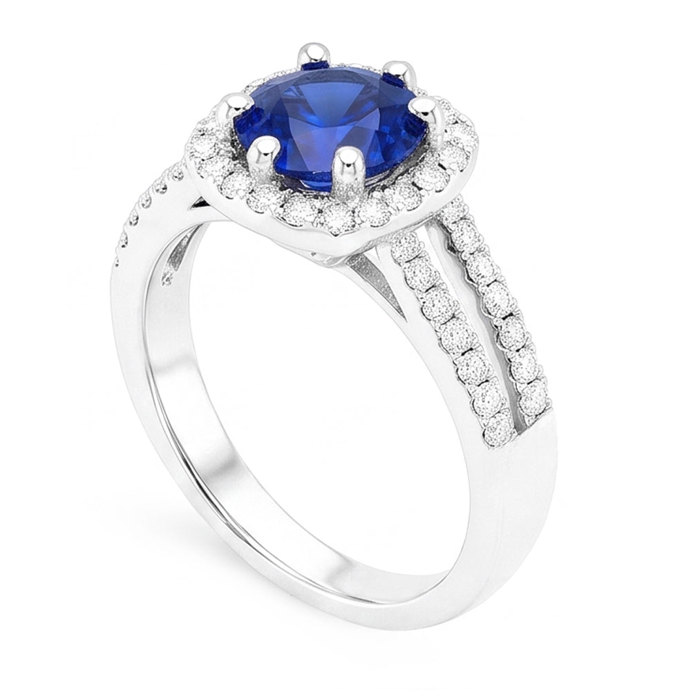 2.50 Karat blauer Saphir und weißer runder Aus der Erde Abgebauter Natürlicher Diamantring Weißgold