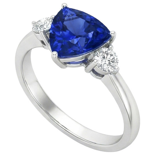2.51 ct. Ceylon Blue Saphir Trillion Aus der Erde Abgebauter Natürlicher Diamants 3-Stein-Ring