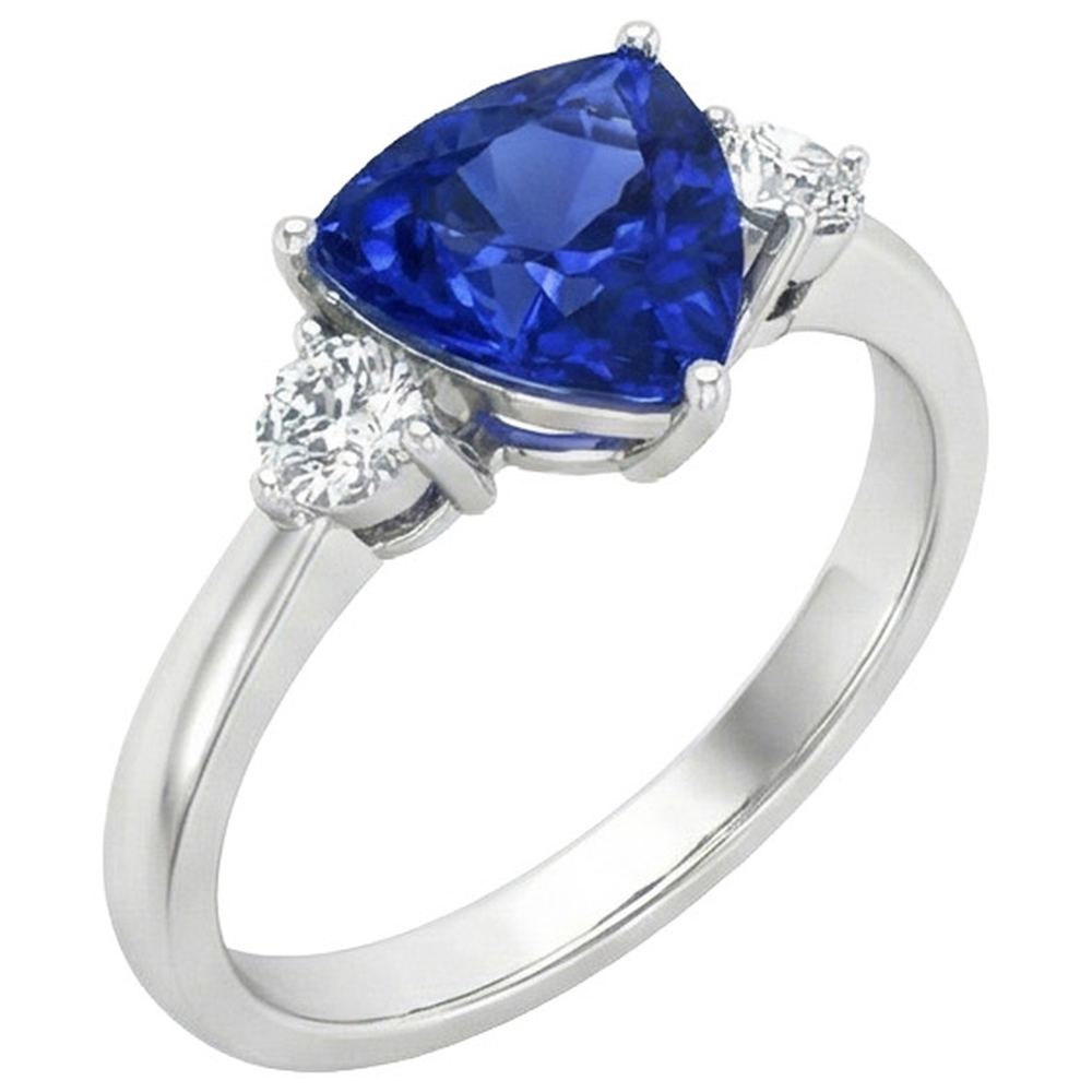 2.51 ct. Ceylon Blue Saphir Trillion Aus der Erde Abgebauter Natürlicher Diamants 3-Stein-Ring