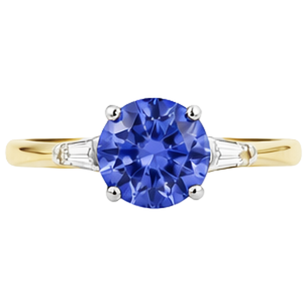 2.55 Karat Tansanit und Baguette Aus der Erde Abgebauter Natürlicher Diamanten Drei-Stein-Ring 14K