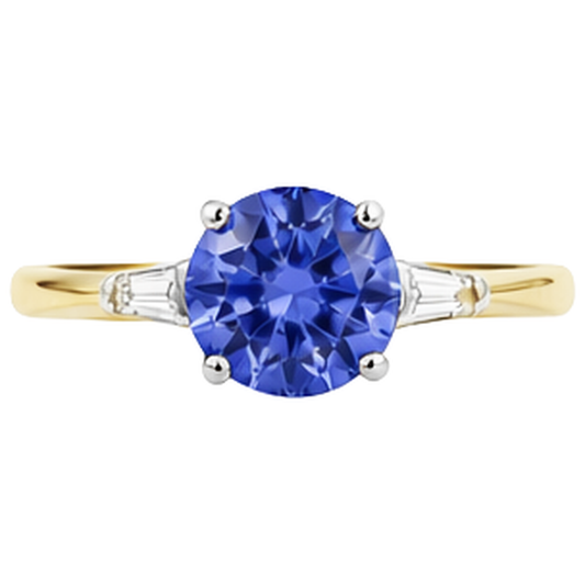 2.55 Karat Tansanit und Baguette Aus der Erde Abgebauter Natürlicher Diamanten Drei-Stein-Ring 14K