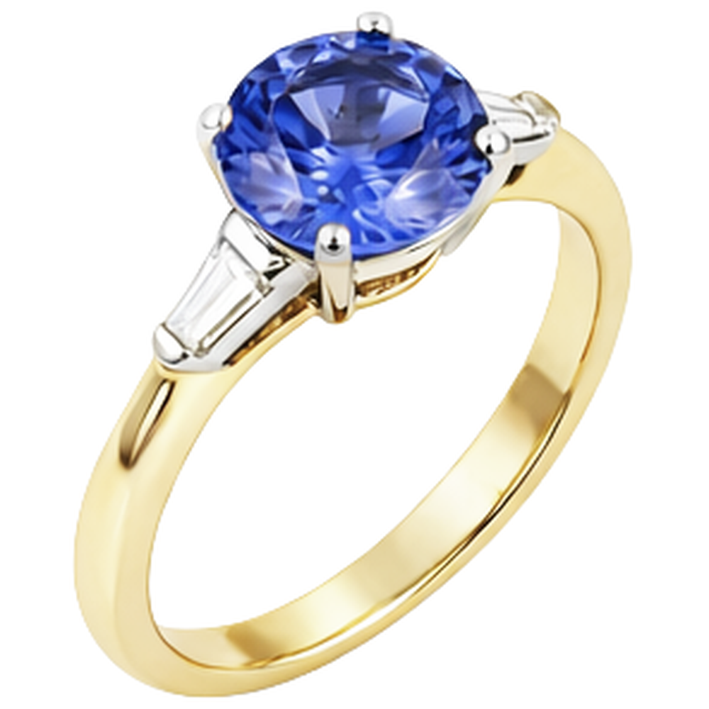 2.55 Karat Tansanit und Baguette Aus der Erde Abgebauter Natürlicher Diamanten Drei-Stein-Ring 14K