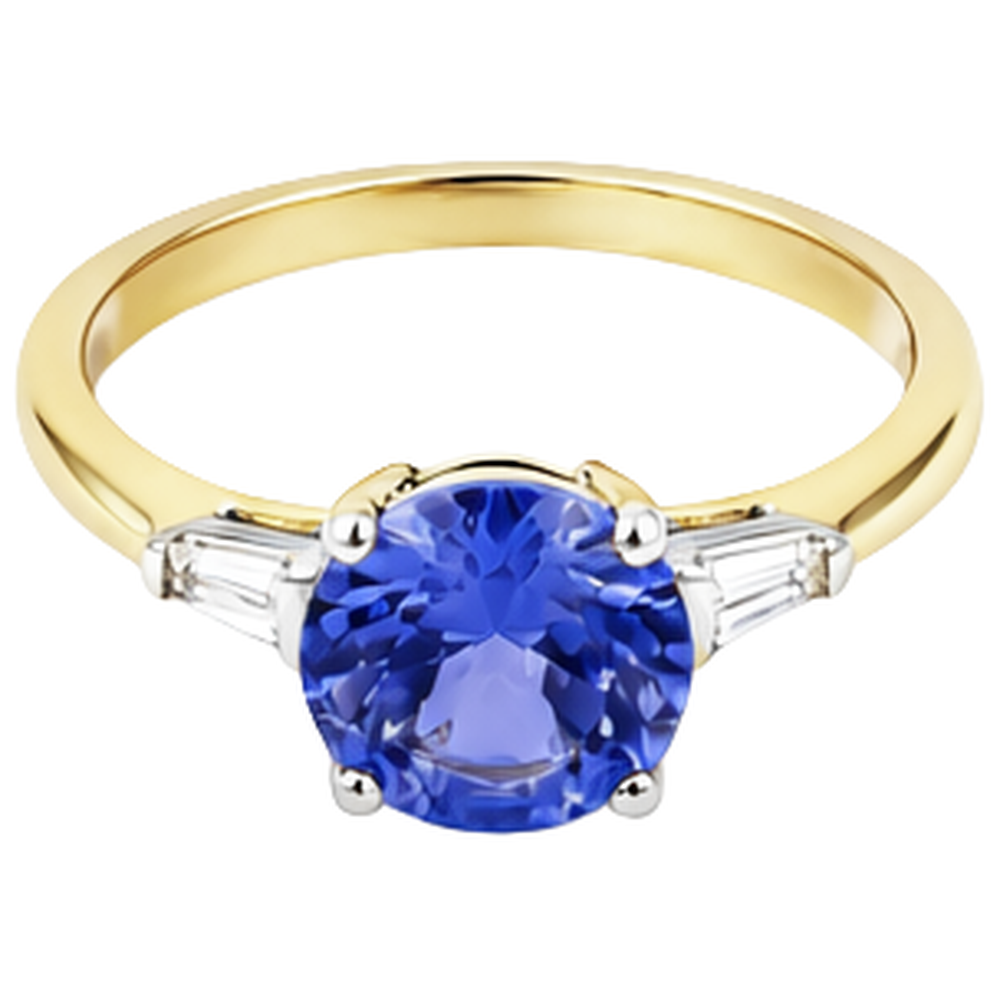 2.55 Karat Tansanit und Baguette Aus der Erde Abgebauter Natürlicher Diamanten Drei-Stein-Ring 14K