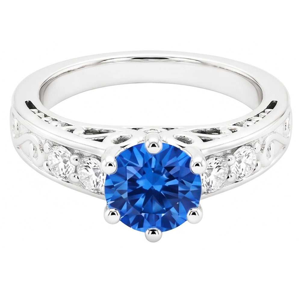 2.60 Karat Runder Ceylon Saphir Aus der Erde Abgebauter Natürlicher Diamanten Ring 14K Weißgold
