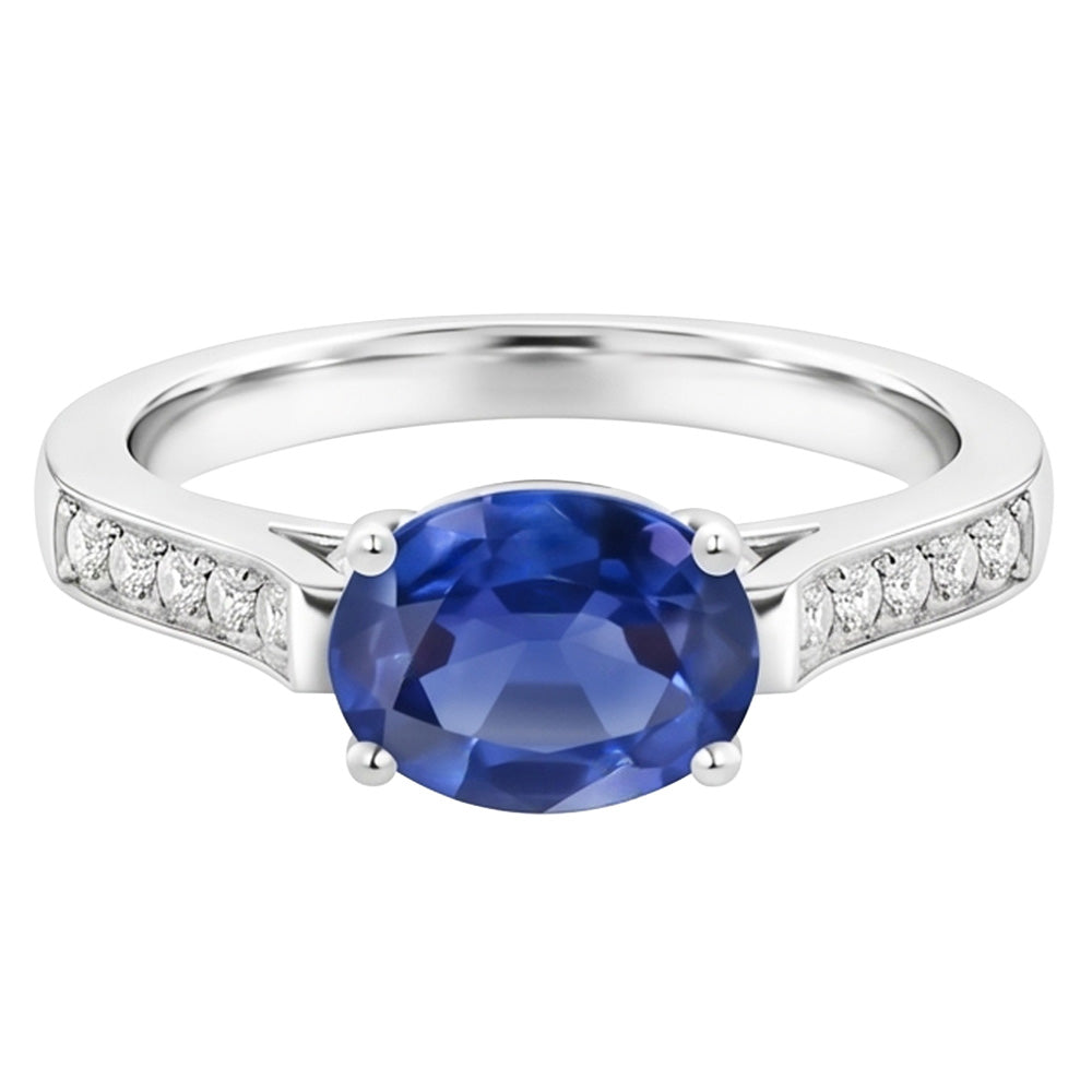 2.60 Kt Ovaler Sri Lanka Saphir Aus der Erde Abgebauter Natürlicher Diamanten Ring 14K Weißgold