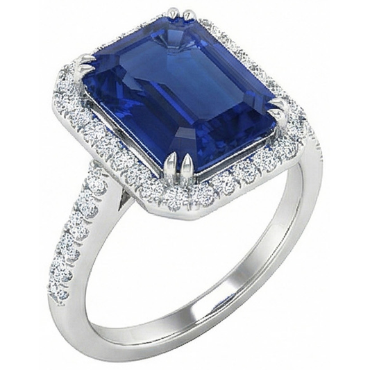 2.70 Karat blauer Saphir im Smaragdschliff mit Aus der Erde Abgebauter Natürlicher Diamantring 14 Karat Weißgold