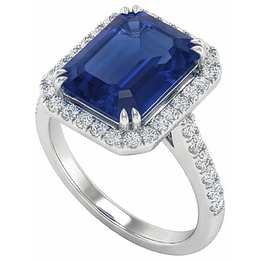 2.70 Karat blauer Saphir im Smaragdschliff mit Aus der Erde Abgebauter Natürlicher Diamantring 14 Karat Weißgold