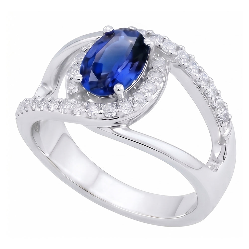 2.75 Kt Ovaler Ceylon Blauer Saphir Und Aus der Erde Abgebauter Natürlicher Diamant Ring Weißgold 14K